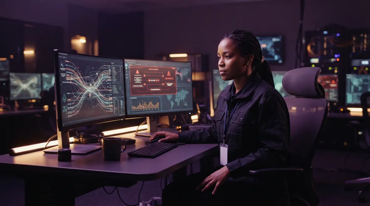 A security engineer monitoring network activity across dual monitors.