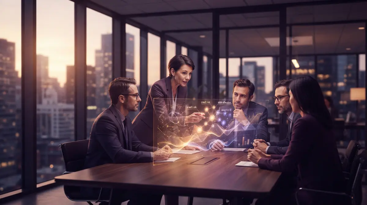 Analysts evaluating corporate debt metrics and financial models in a boardroom