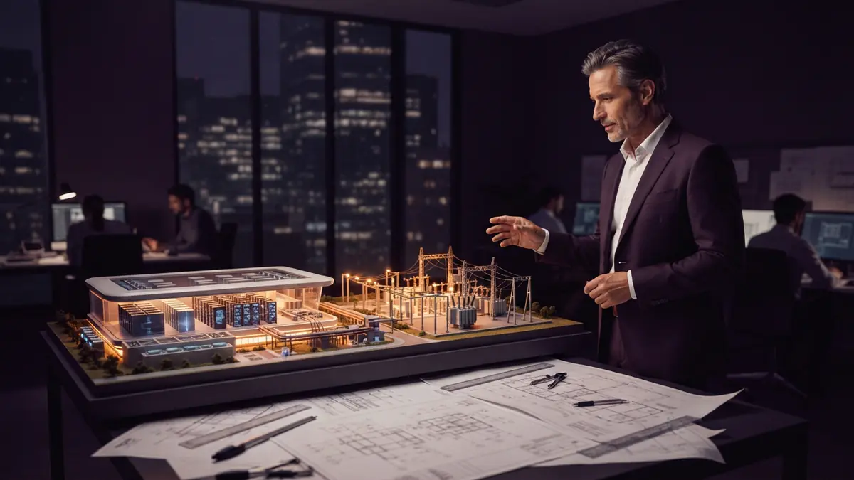 An executive reviewing models and architectural blueprints for a massive computing facility