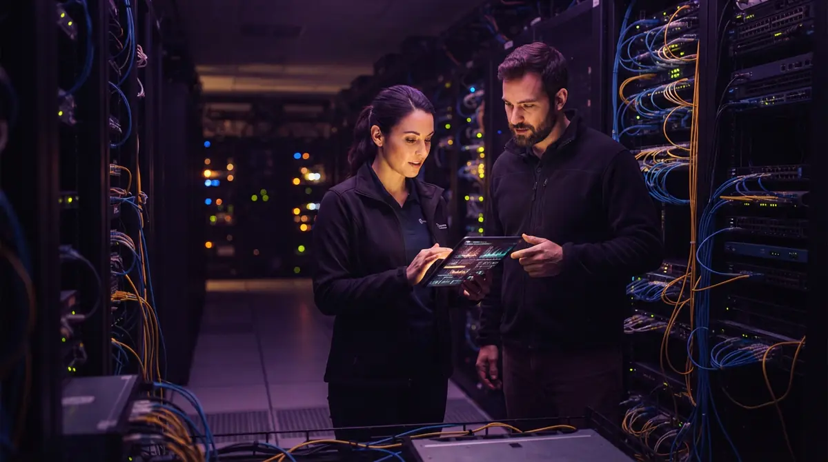 Engineers reviewing high-throughput data processing workflows inside a server room