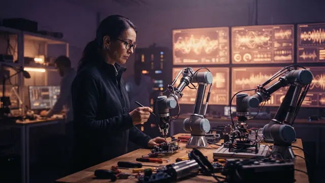 Robotic arms in an engineering facility with automated video annotation graphics displayed on monitors
