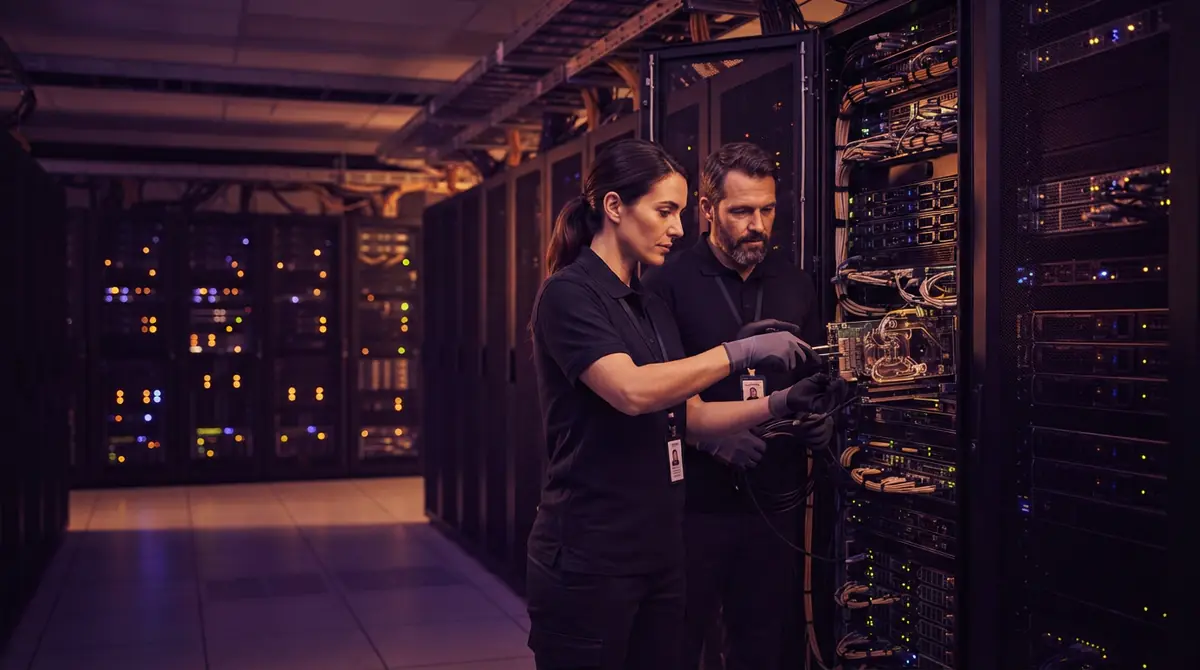 Illustration of data center technicians installing enterprise graphics cards into server racks