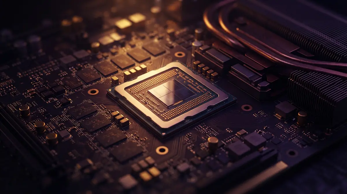 Illustration of a computer graphics processor die surrounded by memory modules on a circuit board