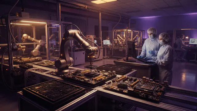Illustration of robotic machinery assembling advanced semiconductor graphics processors in a cleanroom facility