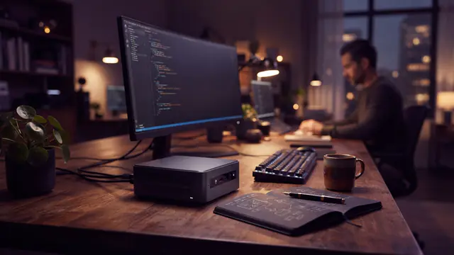 Illustration of a compact desktop AI supercomputer workstation on an office desk.