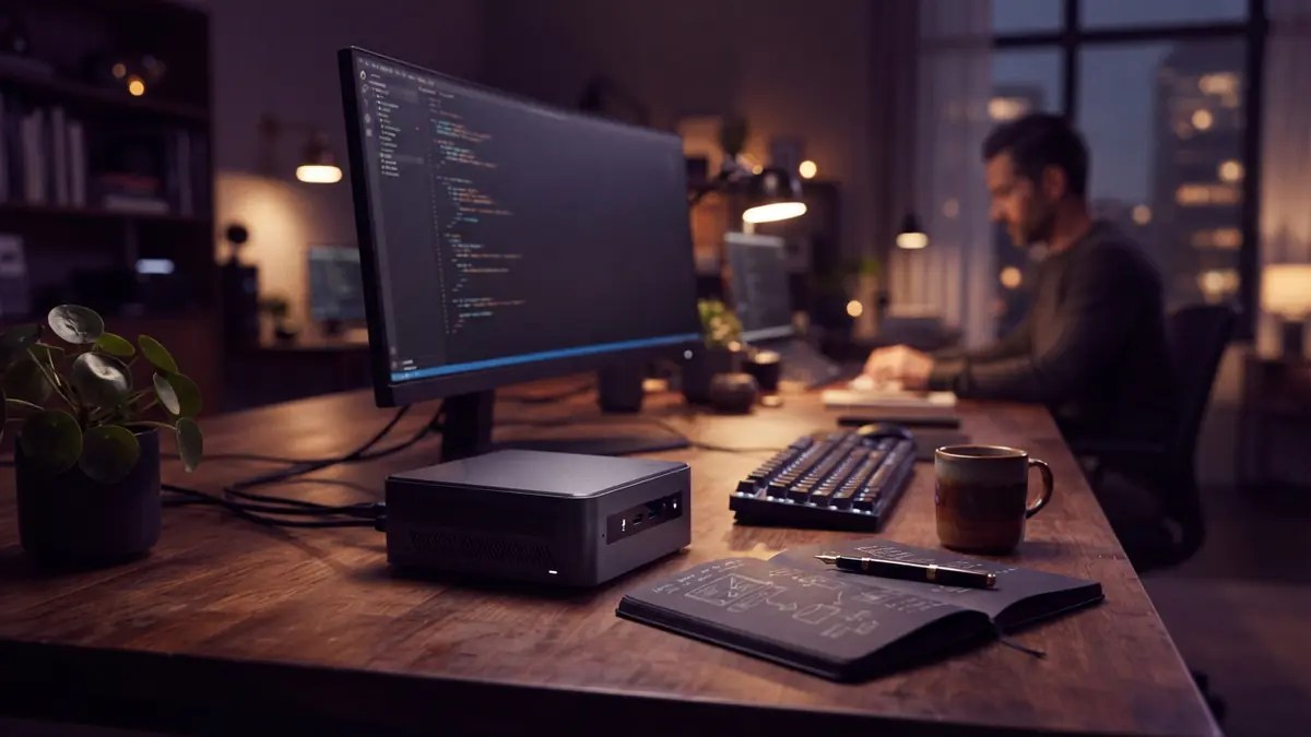 Illustration of a compact desktop AI supercomputer workstation on an office desk.