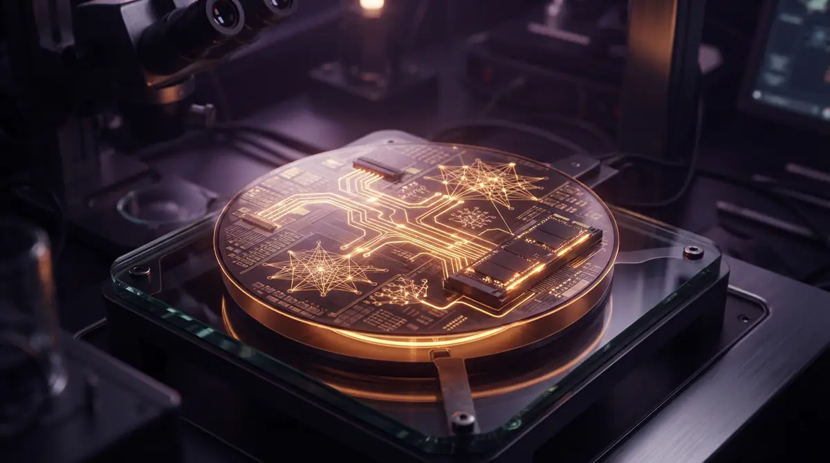 A close-up representation of a microchip architecture running neural network parameters.