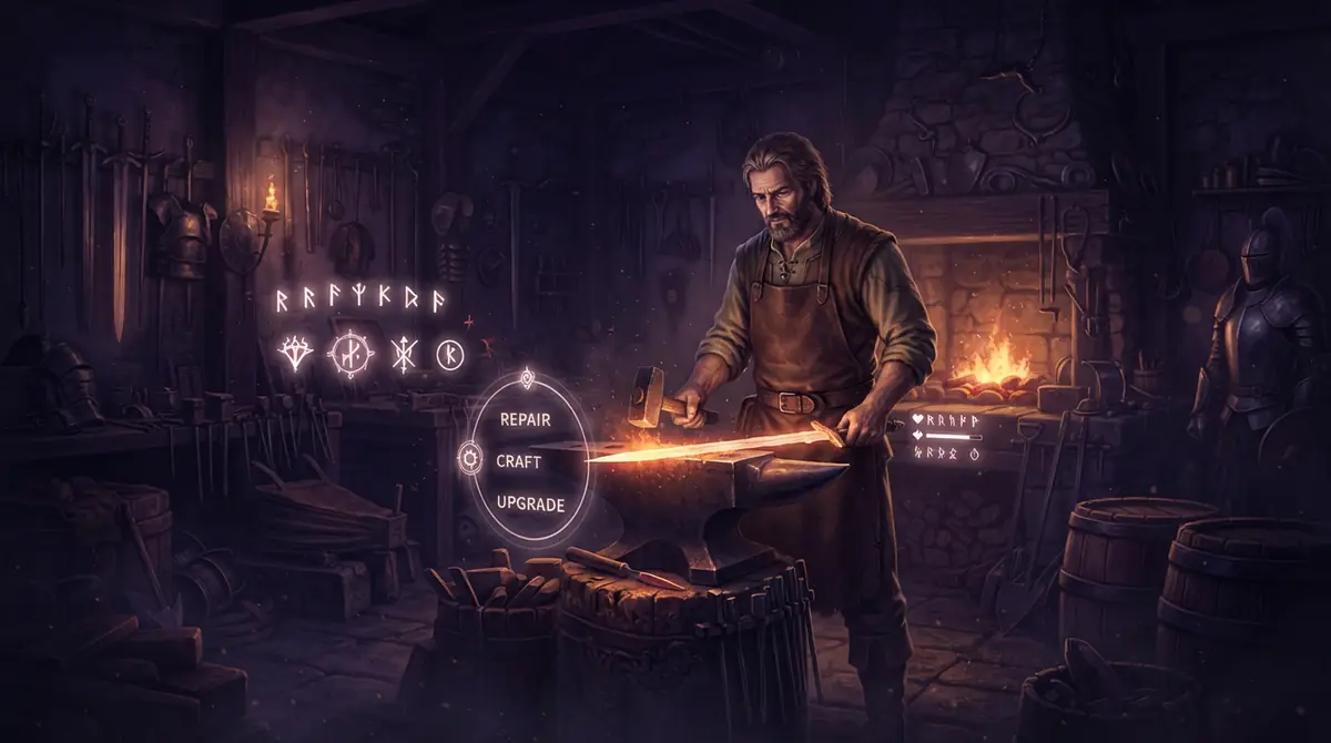 A digital game character standing at a workbench with automated tool prompts.