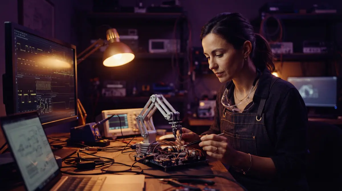 A hardware developer testing a robotic arm attached to an edge computing module.