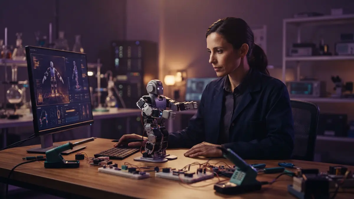 An engineering workbench with a compact robot and an edge computing system.