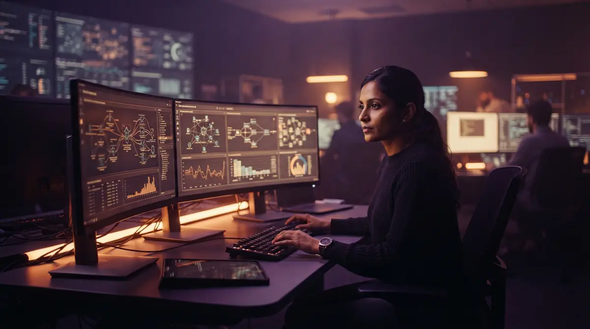 A security engineer inspecting sandboxed software execution boundaries on multiple displays