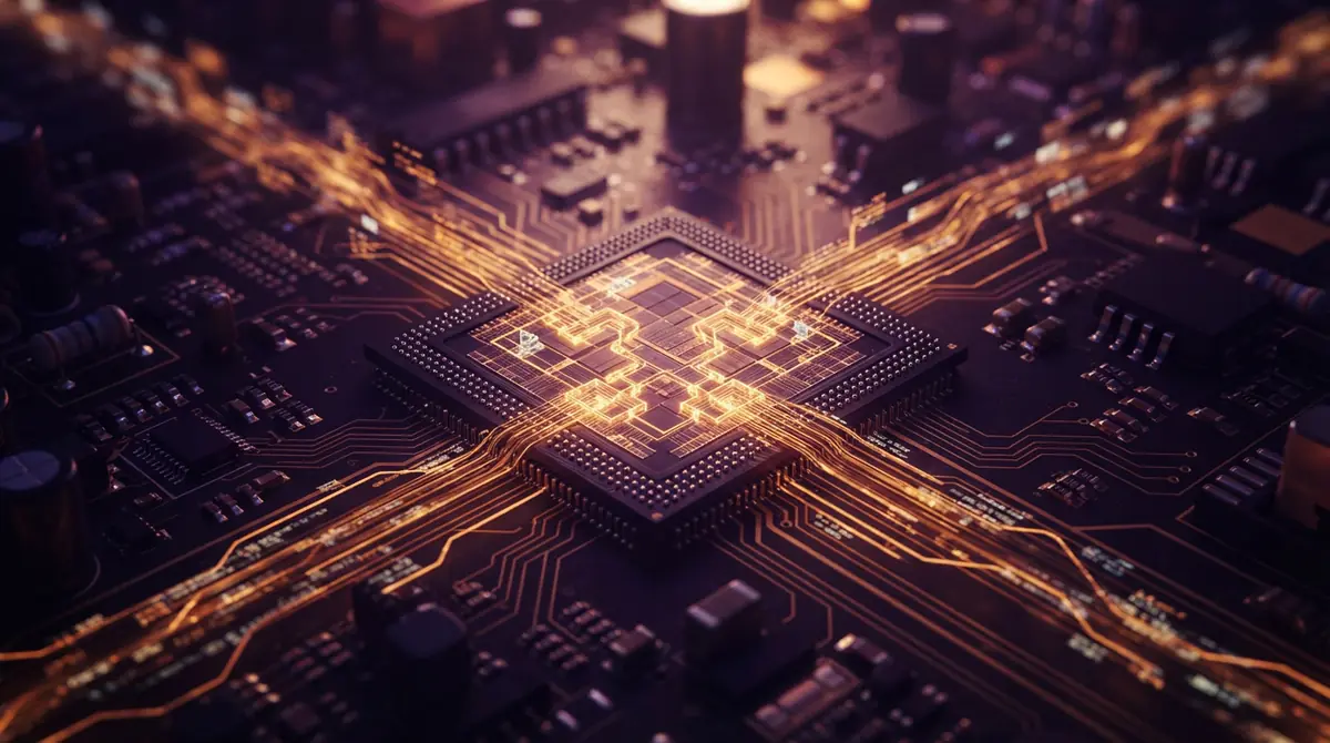 Conceptual view of a data processing unit performing real-time packet inspection on a circuit board
