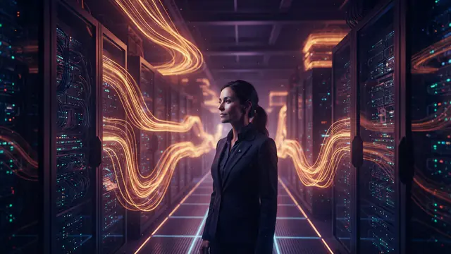 Conceptual rendering of secure AI data infrastructure with glowing runtime boundaries and monitoring signals