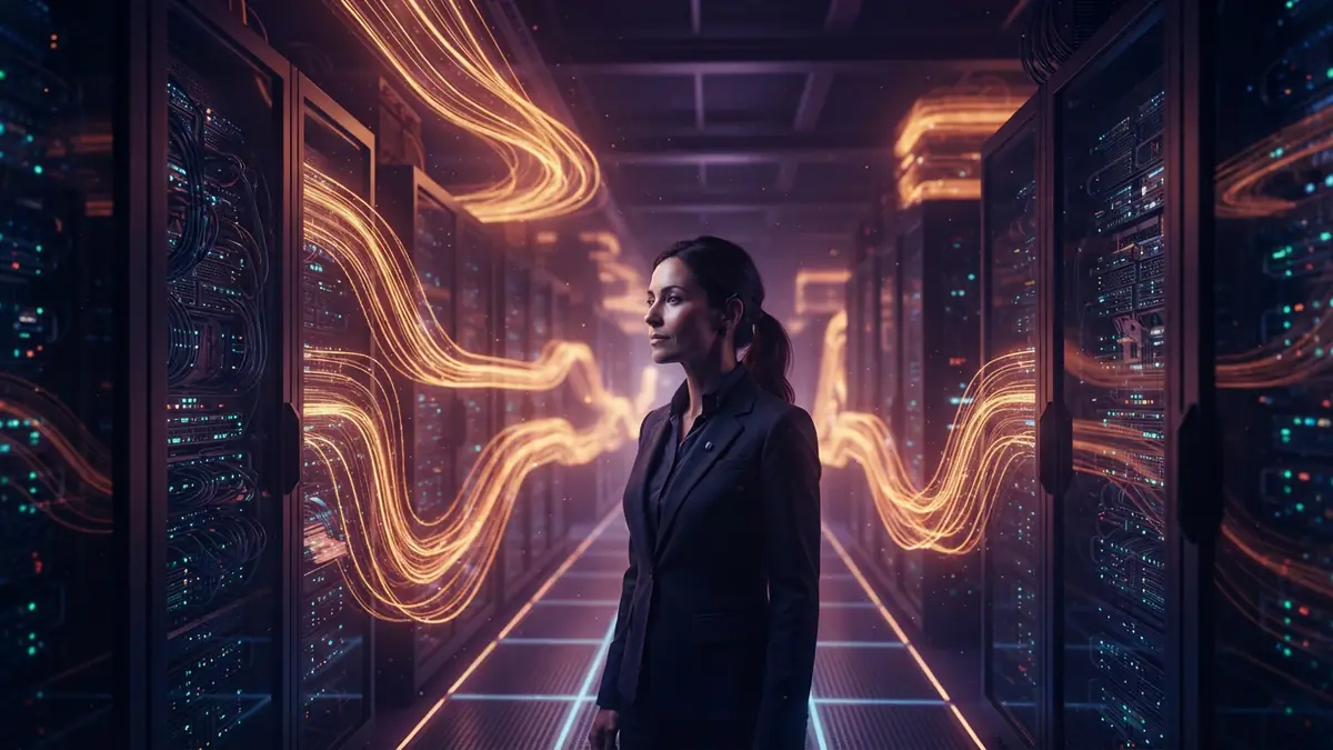 Conceptual rendering of secure AI data infrastructure with glowing runtime boundaries and monitoring signals