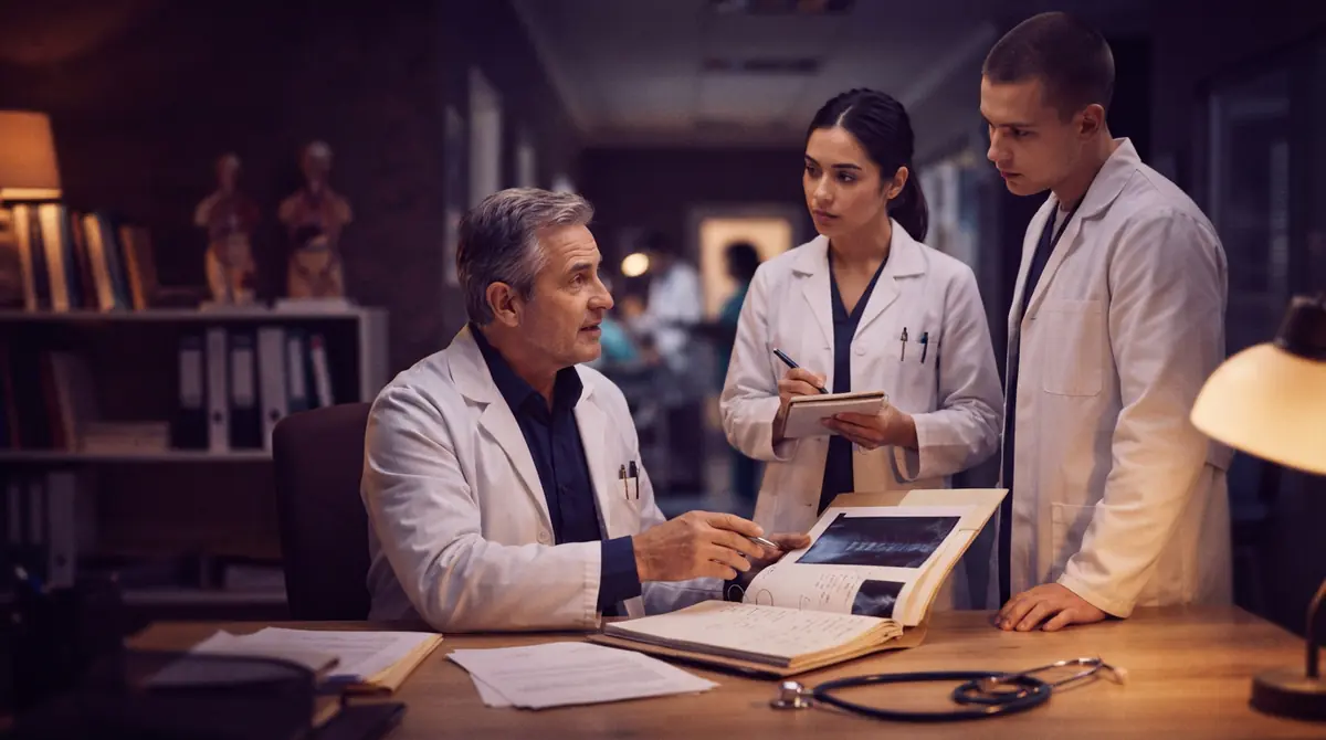 Illustration of a doctor and medical students discussing clinical notes in an office.