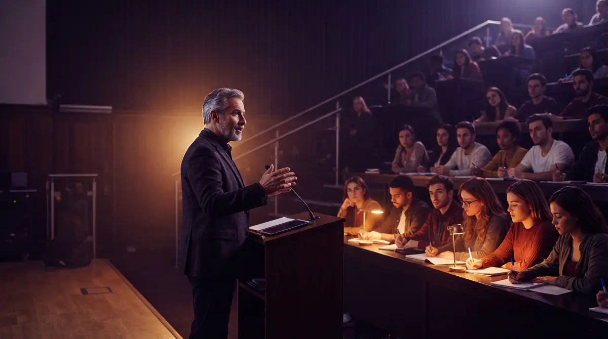 Illustration of a university instructor speaking to students in a lecture hall.