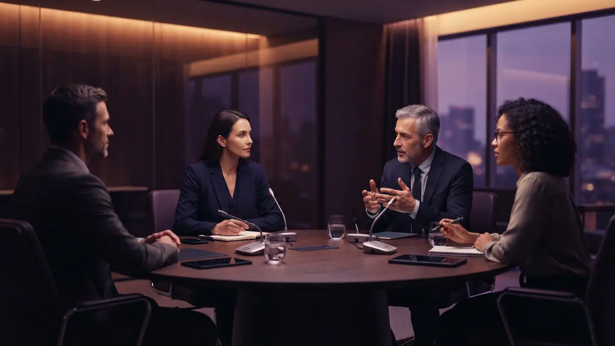 Illustration of several business professionals conversing in a conference room meeting.