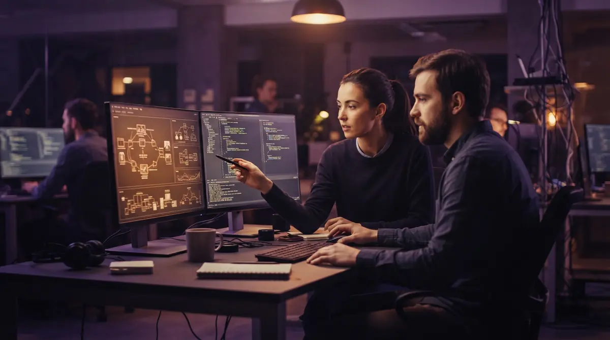 Two software developers reviewing architectural diagrams at a workstation