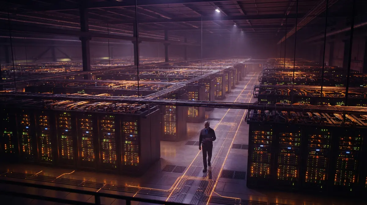 High-density cloud server racks connected by glowing fiber optic network lines