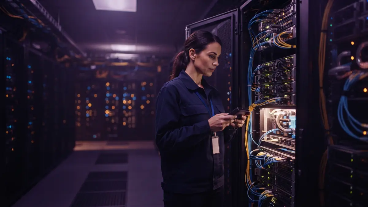 An engineer inspecting server racks in an enterprise data center