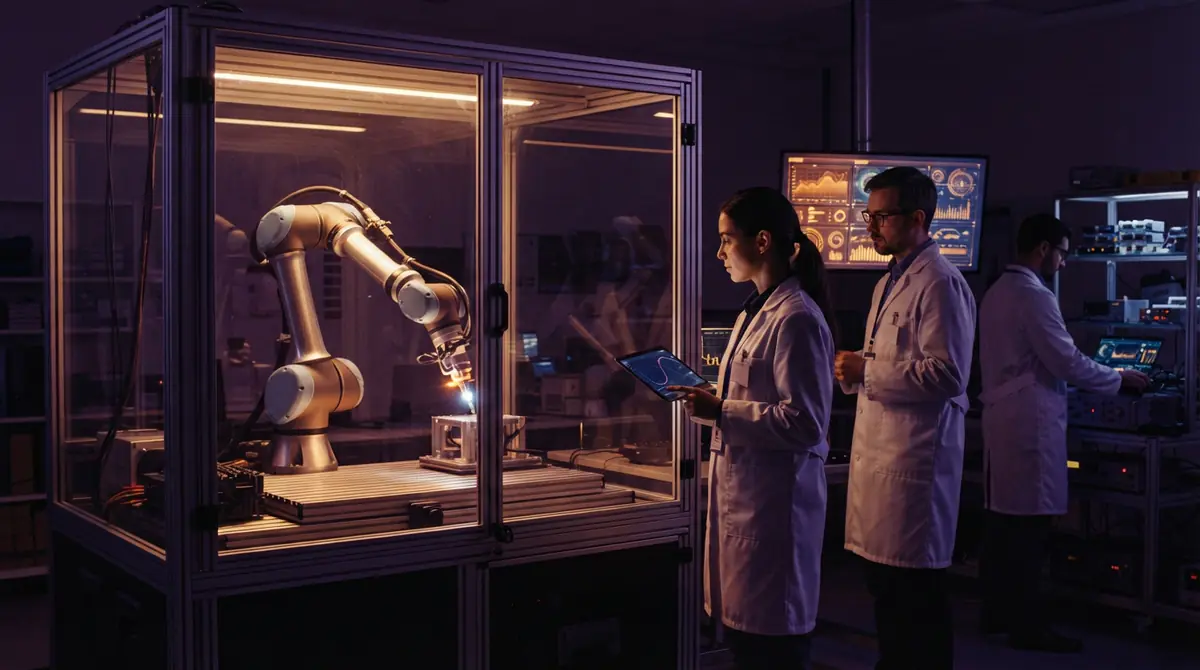 Illustration of researchers inspecting an autonomous robotic system in a safety test environment