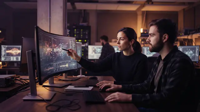 Illustration of computer science researchers analyzing AI safety code in a UK laboratory
