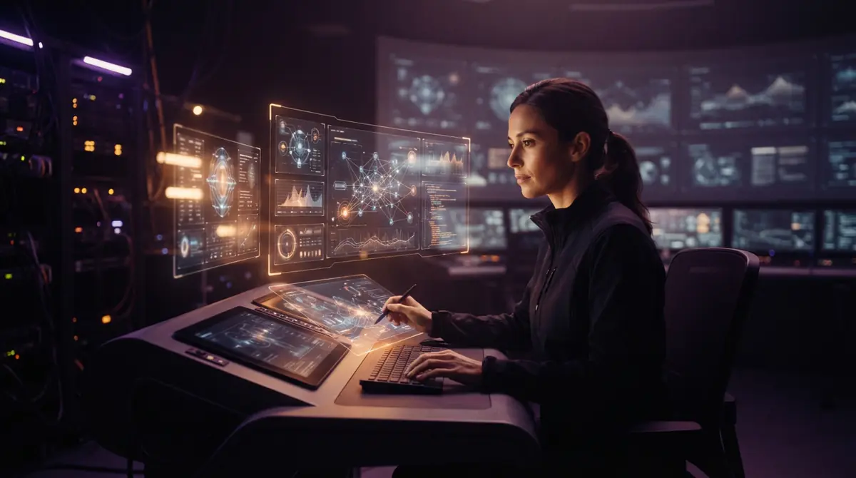 An engineer reviewing complex document charts and code traces on multi-monitor displays.