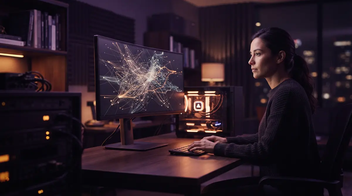 A compact desktop computing workstation processing automated digital agent workflows.