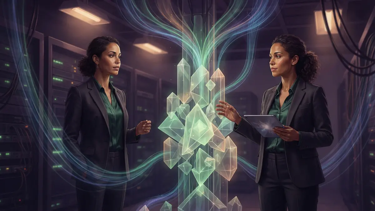 Digital visualization of server racks and glowing data streams representing multimodal artificial intelligence models.