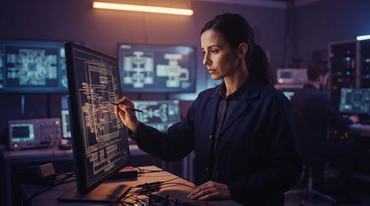 Illustration of a hardware engineer studying a unified system-on-a-chip architecture diagram