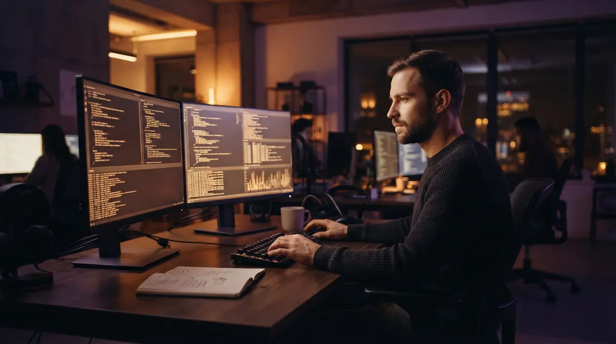 Illustration of an engineer coding local artificial intelligence workflows in a modern development office