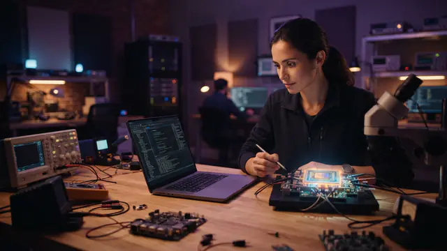 Illustration of a high-performance laptop and semiconductor processor on a workstation desk