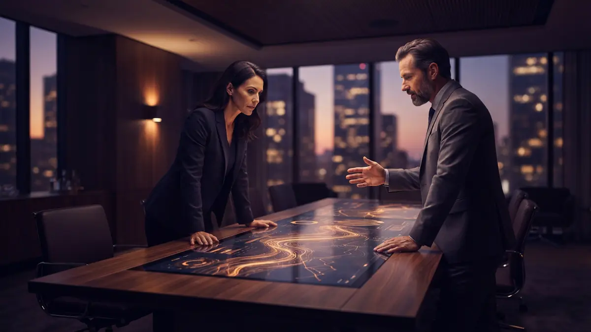 Business executives negotiating in a corporate high-rise boardroom overlooking city lights