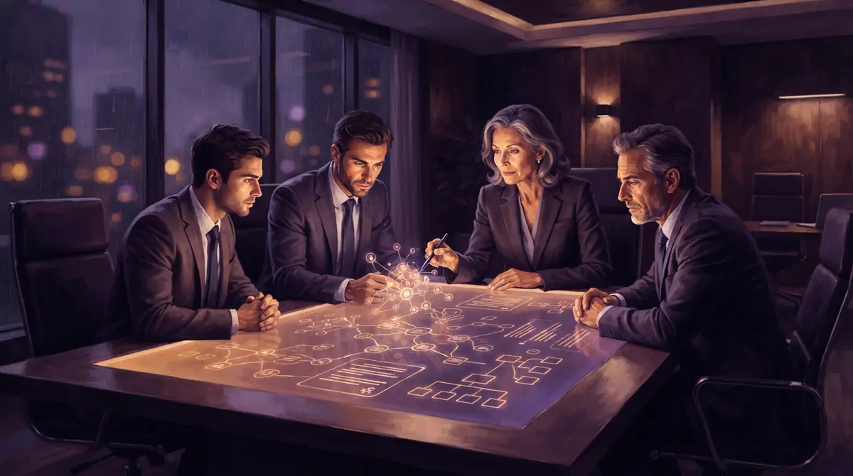 Illustration of corporate advisers reviewing transaction contracts and legal regulatory pathways