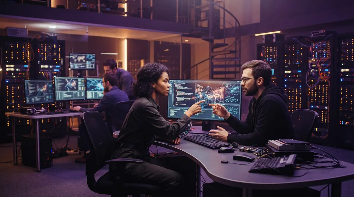 Illustration of AI engineers working on automated software development tools and open-weight models