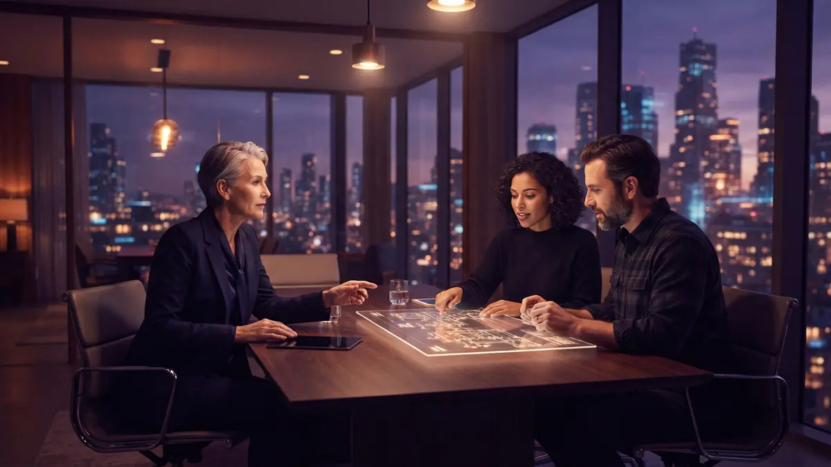 Illustration of corporate executives and researchers meeting in a modern glass conference room to negotiate a deal