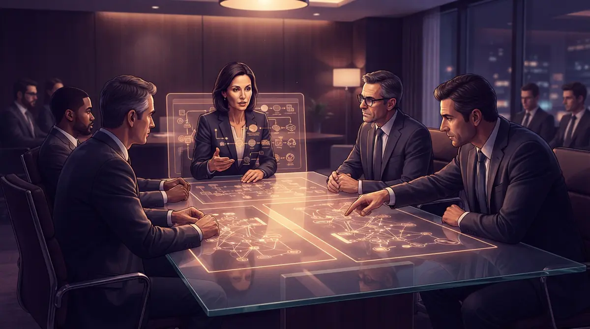 Illustration of technology executives collaborating over semiconductor supply plans.