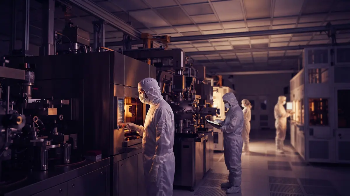 Illustration of cleanroom technicians operating semiconductor fabrication equipment.