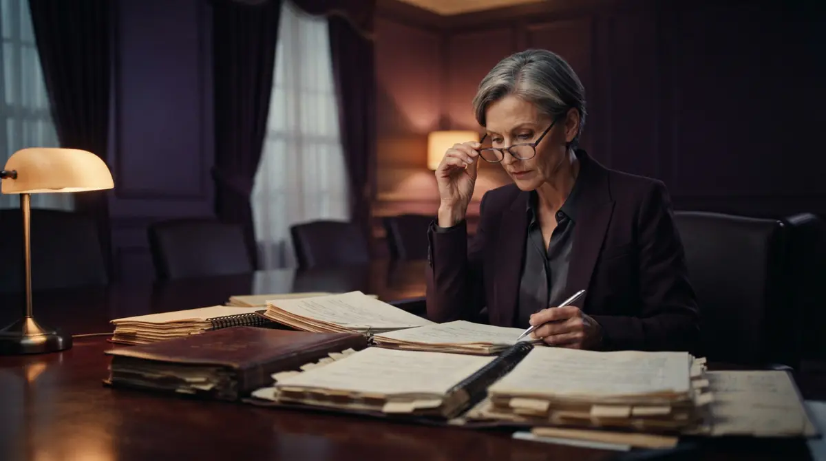 A government official reviewing regulatory documents at a conference table