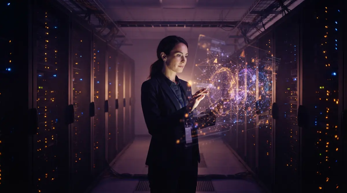 A secure data center illuminated by server rack status lights