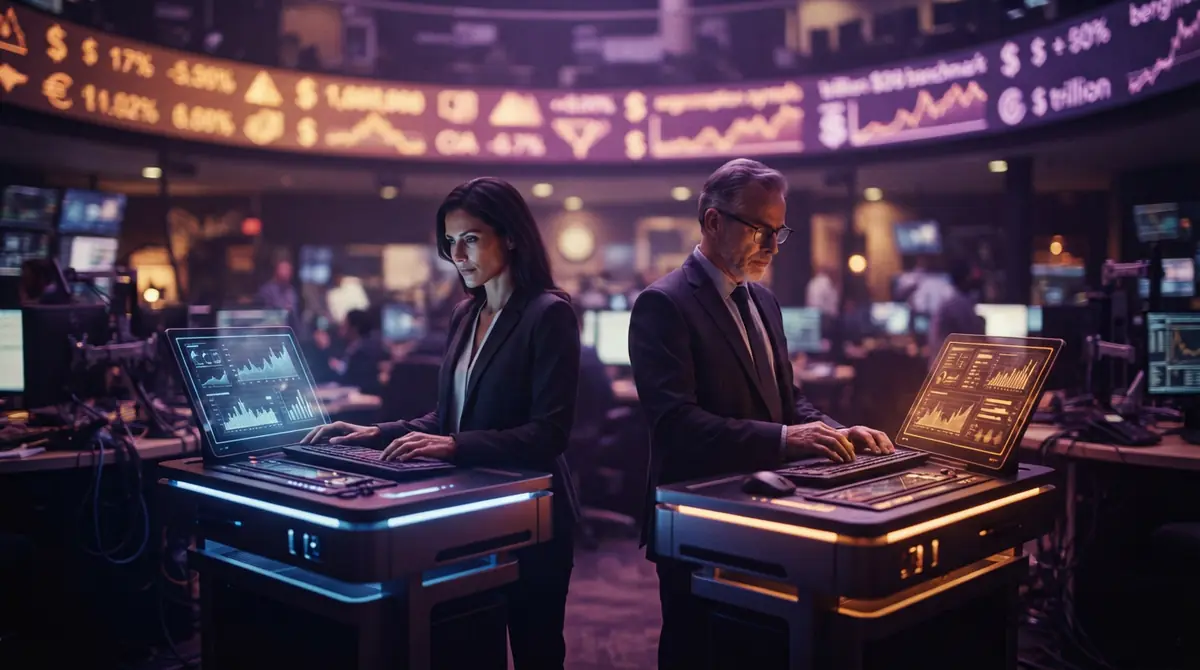 Illustration depicting two competing technological platforms positioned on a stock exchange trading floor.