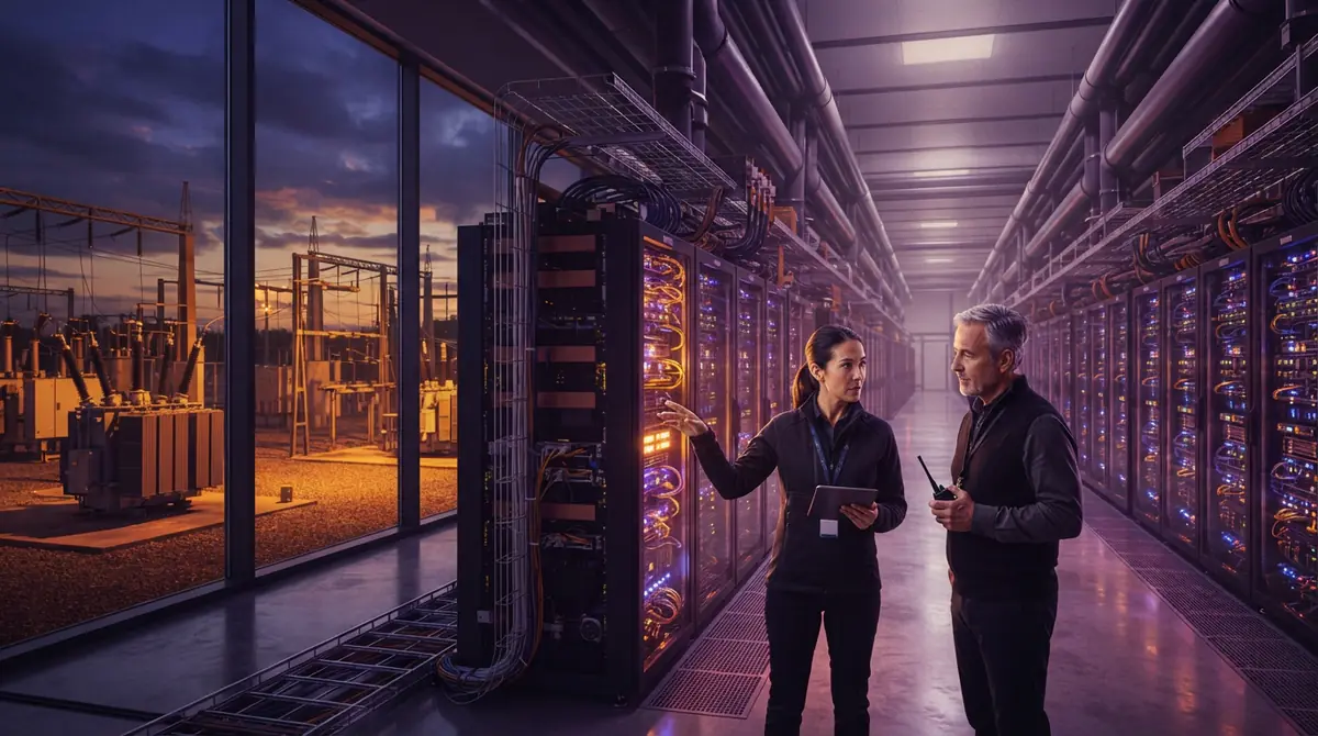 Illustration of an industrial supercomputing facility and power infrastructure supporting generative AI training.