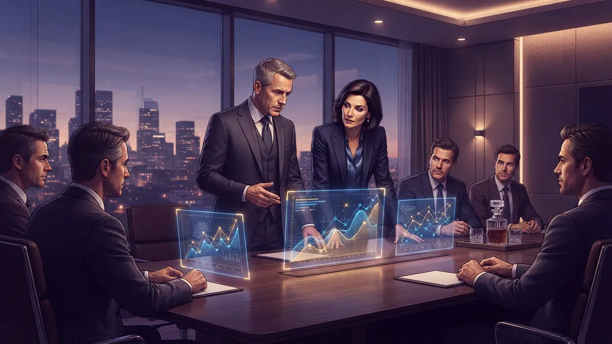 Illustration of institutional investors and tech executives negotiating a multi-billion-dollar funding round in a high-rise conference room.