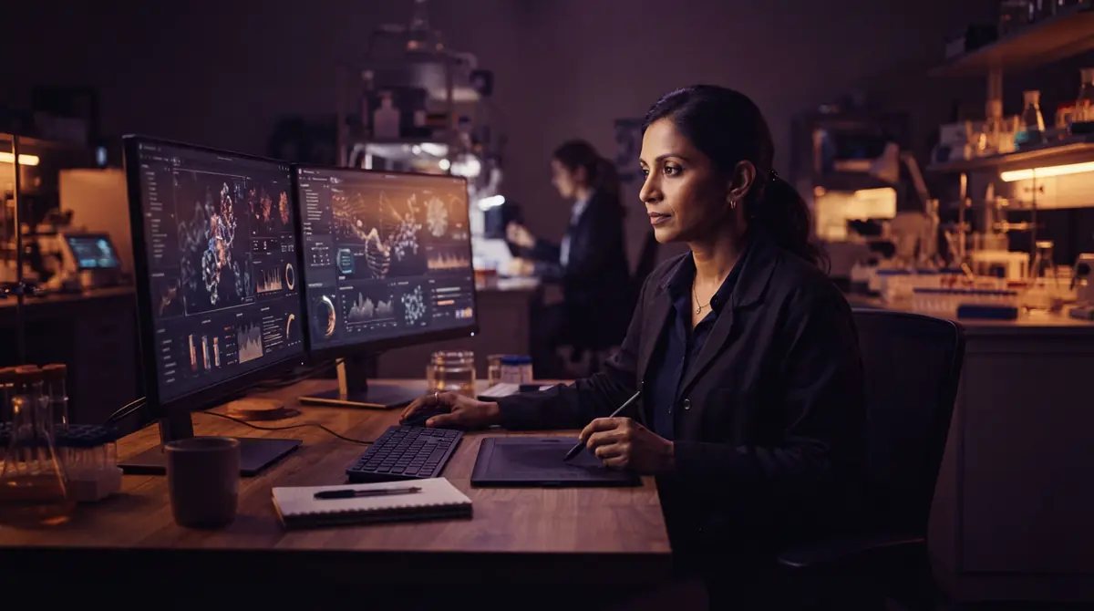 A life sciences researcher examining molecular data on computer monitors.