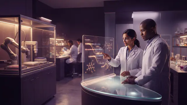 Scientists analyzing drug research schedules and data in a high-tech laboratory.