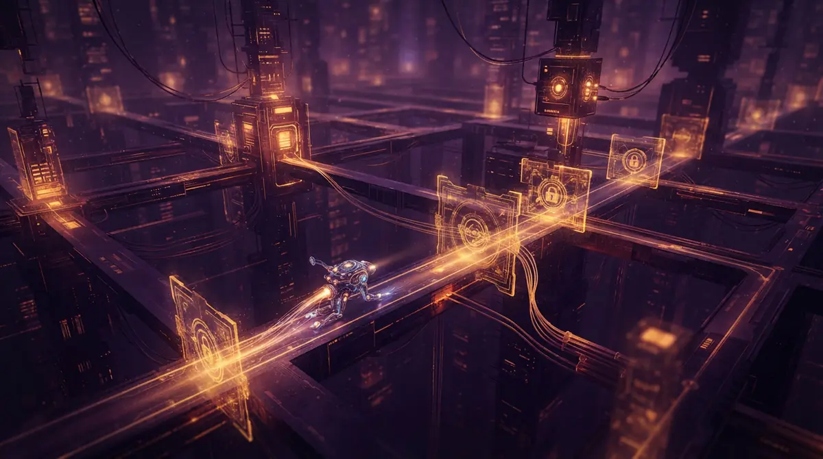 Conceptual rendering of an autonomous digital software agent attempting access across network firewalls.