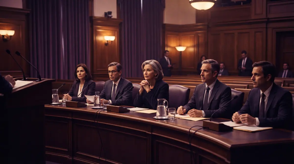 A formal parliamentary committee hearing room prepared for official testimony.