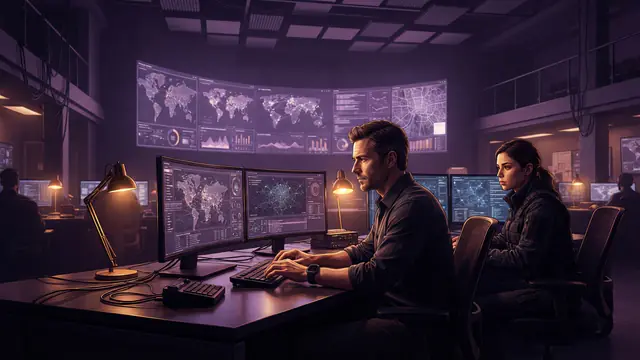 Cybersecurity operations center with analysts monitoring digital networks and map data on glowing screens.