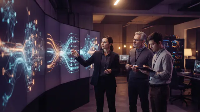 Digital operations room showing data flow analysis on screens.