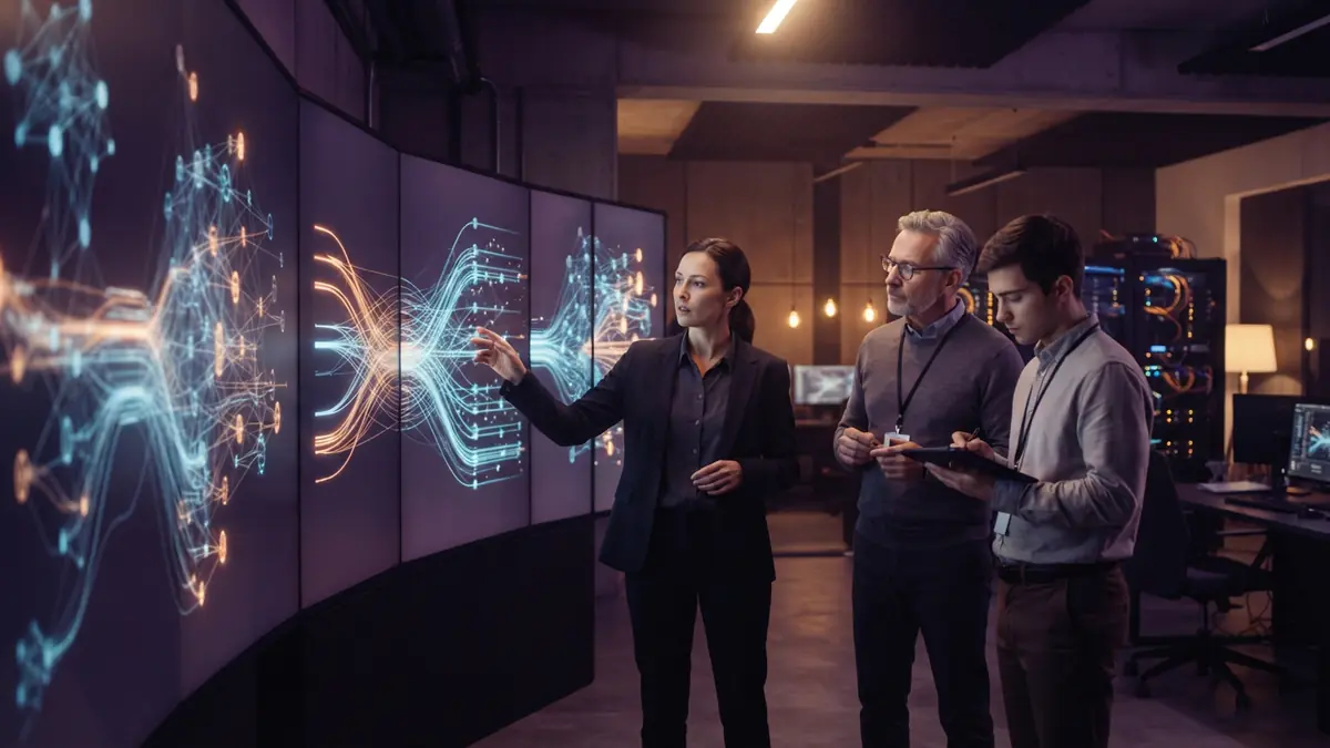 Digital operations room showing data flow analysis on screens.